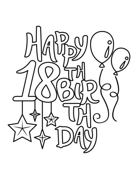 Printable Happy 18th Birthday Balloons and Stars Coloring Page