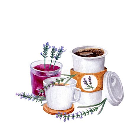 Watercolor Illustration Of French Lavender Coffee Tea And Lemonade