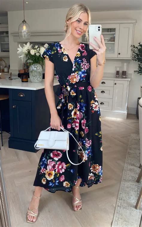 Floral Wrap Over Dipped Hem Midi Dress In Black Mela London Silkfred Us