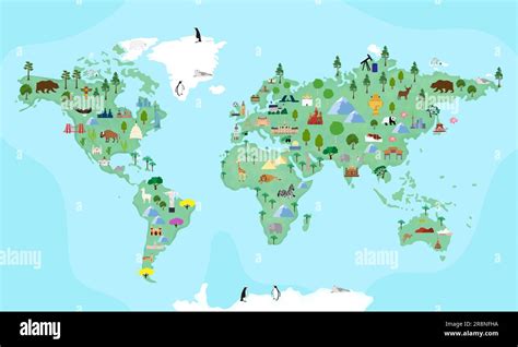 Illustrated map of the world with cartoon animals for kids. continents ...