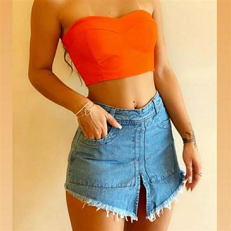 Look Saia Jeans E Cropped Laranja Look Com Saia Look Saia Jeans Roupas