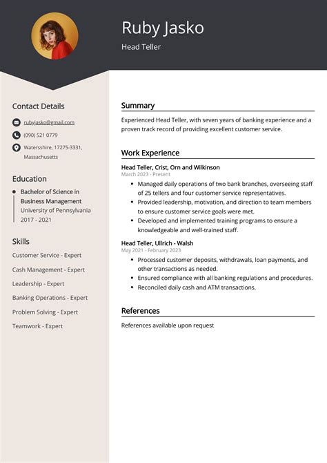 Head Teller CV Sample Guide Entry Level Senior Jobs