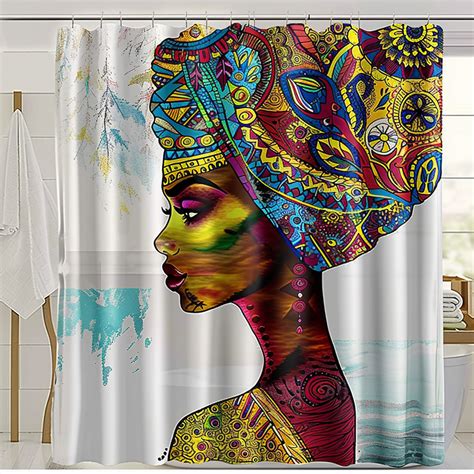 Bohemian Style African Woman Shower Curtain Colorful Ethnic Design Intricate Patterns White