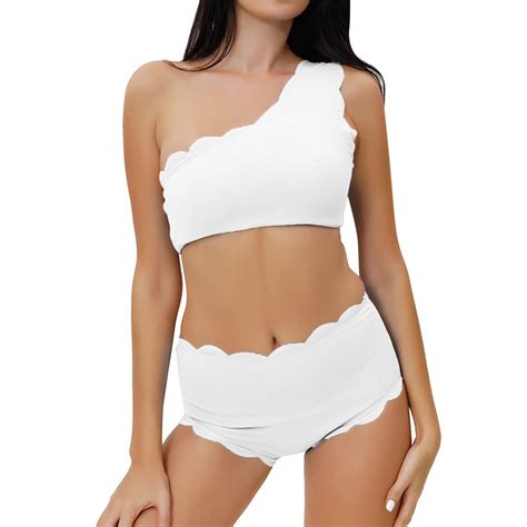 AQITTI One Shoulder Bikini Set For Women Scalloped Trim Swismuit High