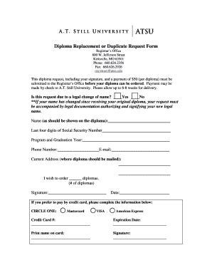 Fillable Online Atsu Diploma Replacement Request Form ATSU Atsu Fax