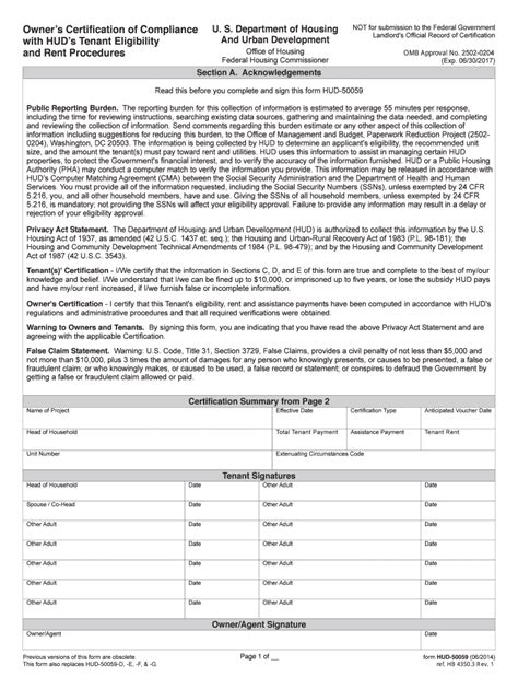 Fillable Online Owner S Certification Of Compliance With Hud S Tenant