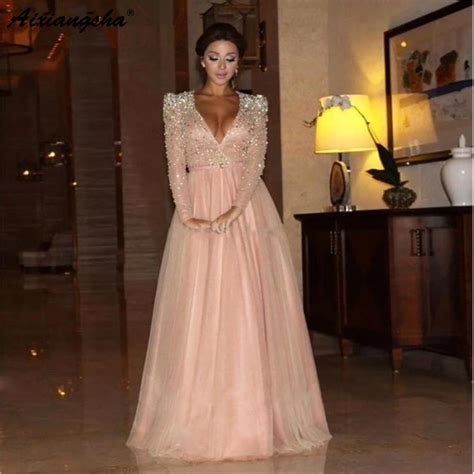 Pink Muslim Evening Dresses 2019 A Line V Neck Long Sleeves Tulle