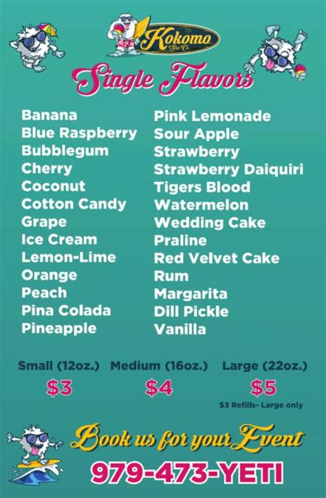 Menu At Kokomo Sno Co Shaved Ice Desserts USA