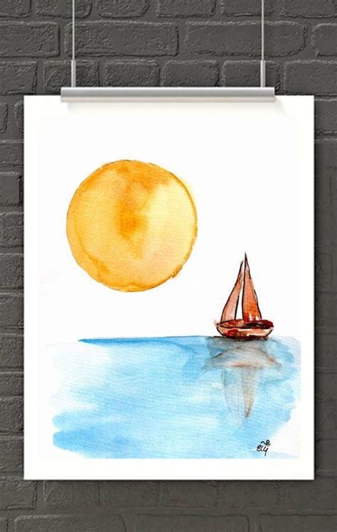 Watercolour Art Print Boat Under The Sun Blue Art Decoration Watercolor Boat Watercolor Art