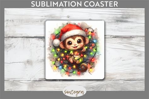 Christmas Monkey V Entangled In Lights Square Coaster Subli