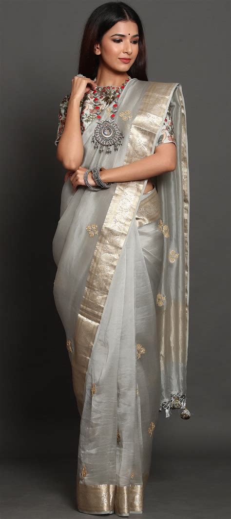 Traditional Black And Grey Color Organza Silk Silk Fabric Saree 1661634