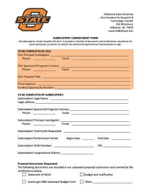 Fillable Online Research Okstate Subrecipient Commitment Form To Be