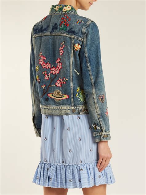 Gucci Floral Embroidered Denim Jacket In Blue Lyst