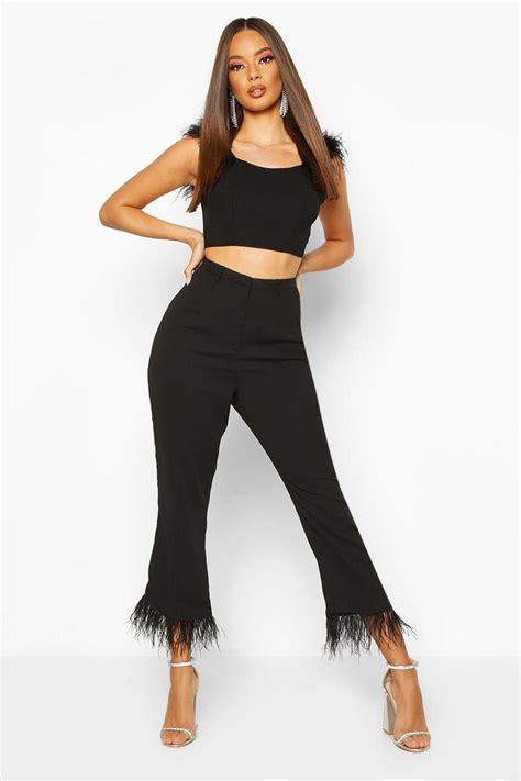 Feather Trim Woven Pants Boohoo