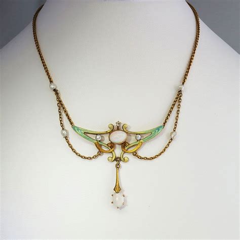 Art Nouveau Enamel Pearl Diamond Opal Festoon Necklace 14k