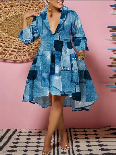 Plus Size Casual Dress Womens Plus Denim Print Long Sleeve Lapel