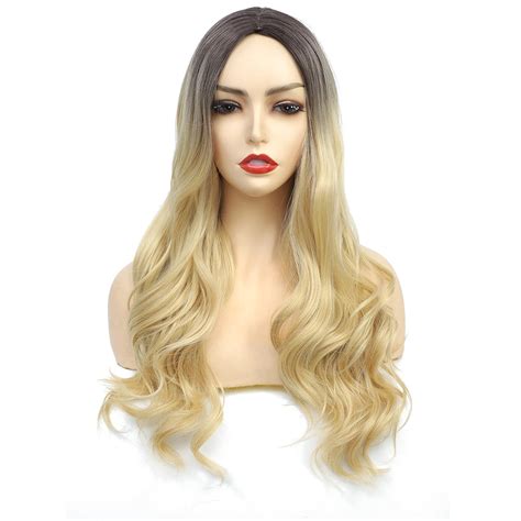 Lanyi Blonde Long Wavy Wig For Women 2 Tone Ombre Blonde Synthetic Cosplay Party