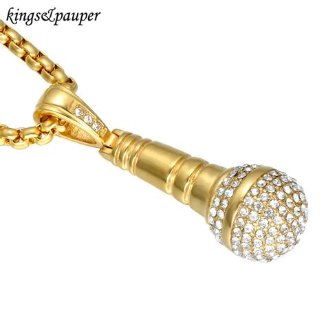 2018 New Stainless Steel Microphone Pendant Necklace Full Of Rhinestone