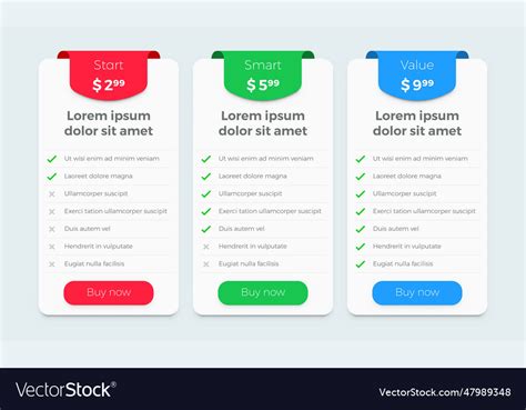 Price table plan web design product Royalty Free Vector