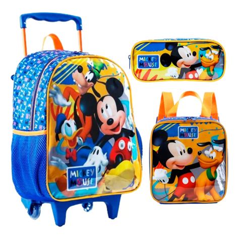 Kit Mochila De Rodinha Escolar Lancheira E Estojo Modelo Mickey