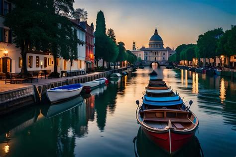 Premium Ai Image A Row Of Boats Are Docked In A Canal With A Sunset