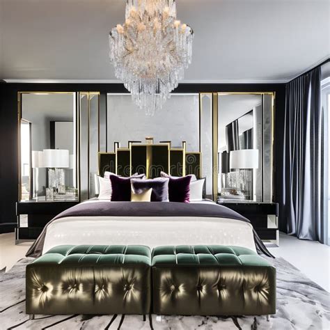 A Glamorous Art Deco Style Bedroom With A Velvet Headboard