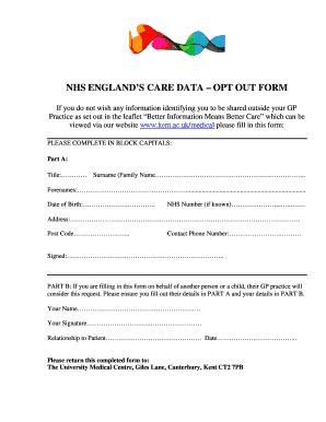 Fillable Online Umckent Co Nhs Englands Care Data Opt Out Form