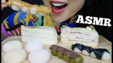 ASMR DESSERT PLATTER CREPE CAKE MOCHI DANGO EATING SOUNDS NO