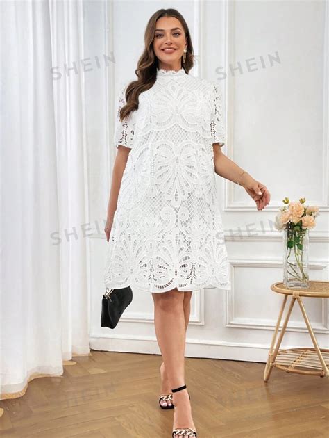 Shein Clasi Plus Size Women S Stand Collar Short Sleeve Lace Dress