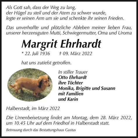 Traueranzeigen Von Margrit Ehrhardt Abschied Nehmen De