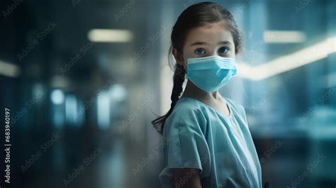 little girl wearing a surgical mask and a scrub, hospital background ...