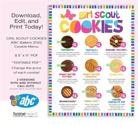 Abc Girl Scout Cookie Menu Abc Bakers Cookie Menu Etsy