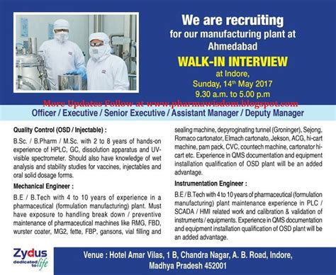 PHARMA WISDOM ZYDUS CADILA Walk In Interview On 14th May 2017 INDORE