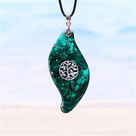 Malachite Tree Of Life Orgone Necklace With Obisidian Orgone Pyramids