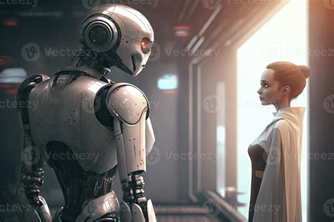 Futurista Robot Y Hembra Comunicaci N Mujer Hablando A Androide