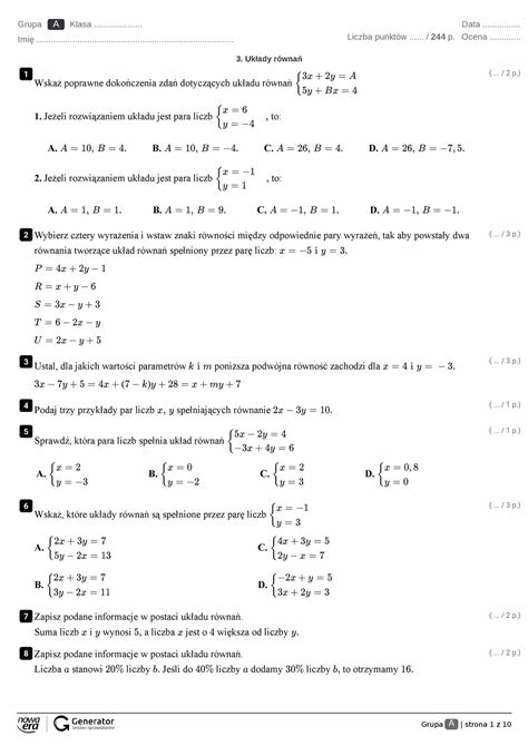 3 Układy równań Test z widoczną punktacją A Grupa A Klasa