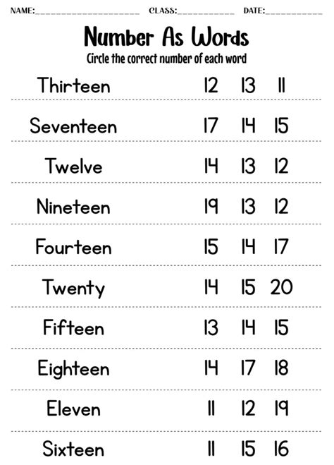 Numbers As Words Worksheet