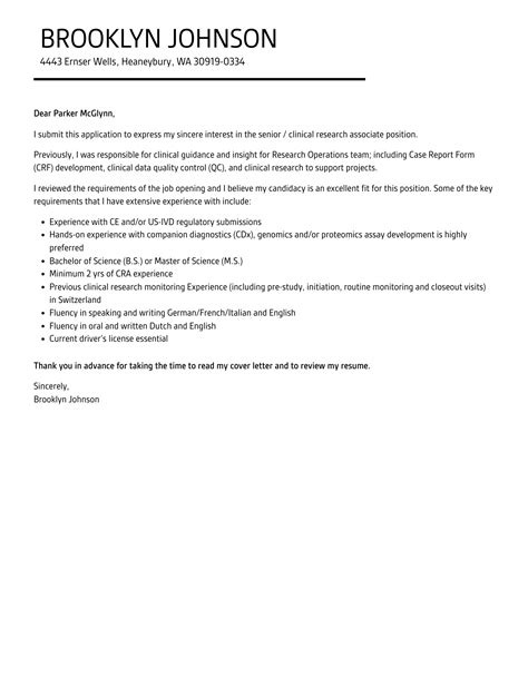 Senior Clinical Research Associate Cover Letter Velvet Jobs