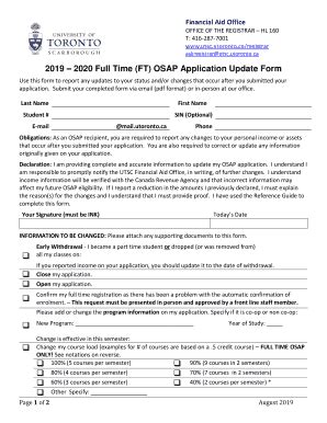 Fillable Online 2019 2020 Full Time FT OSAP Application Update Form