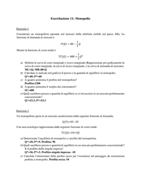 Esercitazione 11 Sol Esercizi Svolti Con Soluzione Del Corso Di