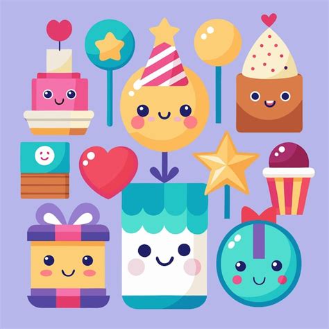 Iconos de cumpleaños de dibujos animados con caras felices Vector