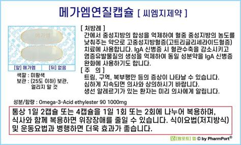 팜포트 메가엠연질캡슐 씨엠지제약 약품정보 복약안내문 생활요법 고지혈증 치료제고중성지방혈증 네이버 블로그