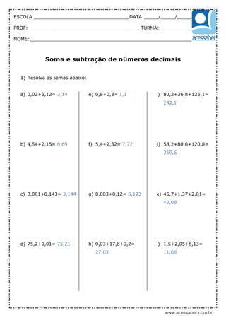 Atividade De Matematica Divisao E Multiplicacao De Numeros Decimais 5