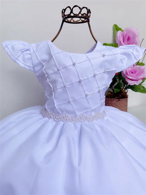 Vestido Infantil Branco Batizado Luxo Cinto E Aplique P Rola Rosa