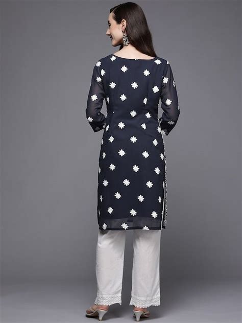 Women Navy Blue And White Ethnic Motifs Embroidered Georgette Kurta