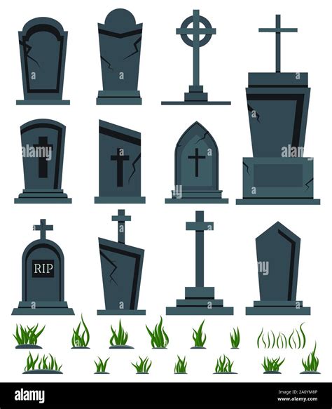 Rip Grave Tombstone Set With Green Grass For Halloween Design Isolated On White Background