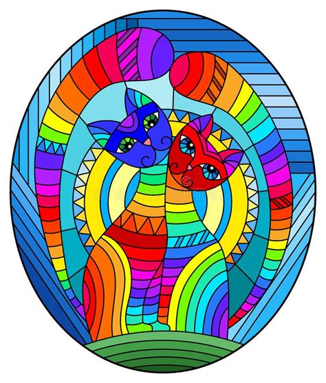 Stained Glass Illustration With A Pair Of Abstract Geometric Rainbow Cats On A Blue Background