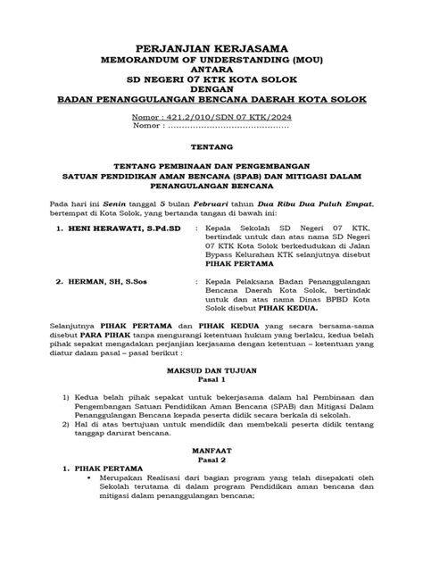 Perjanjian Kerjasama Dengan Bpbd 2024 Mou Pdf