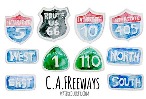 Watercolor CA Freeway Signs | Illustrations ~ Creative Market