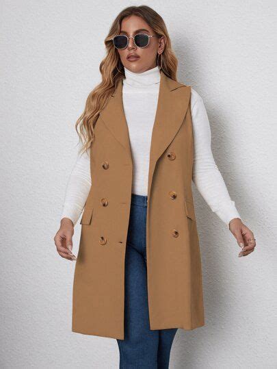 Plus Double Breasted Lapel Collar Sleeveless Coat Roupas Plus Size